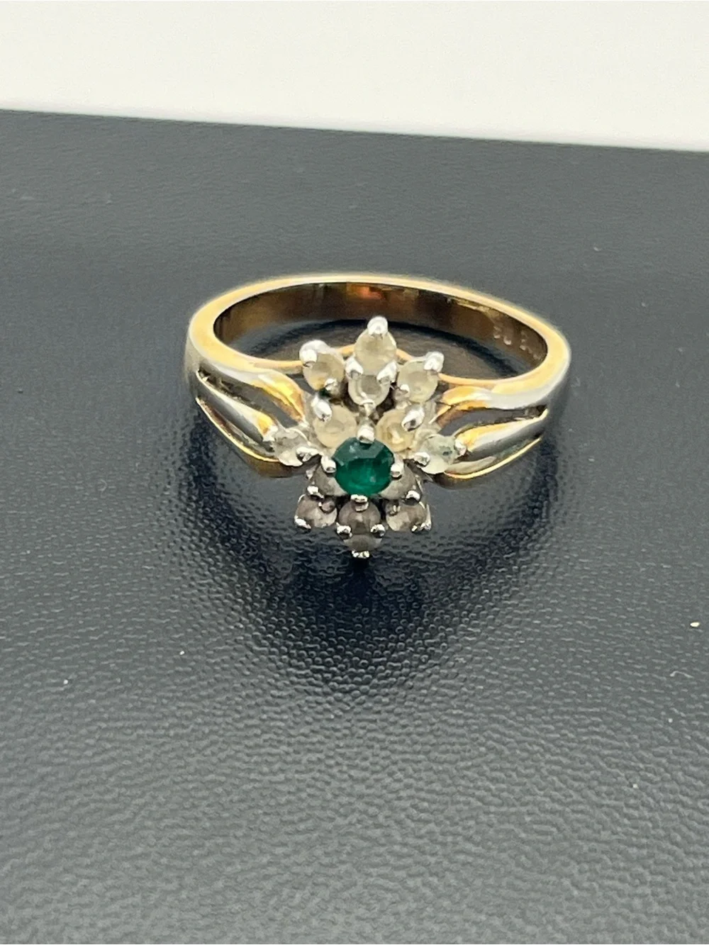 14k gold electroplate green & clear rhinestone cluster cocktail ring sz 8.75